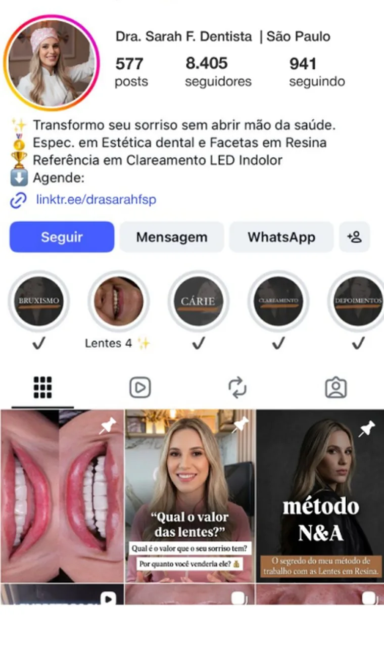 Perfil da Dra. Sarah antes, com 8.405 seguidores