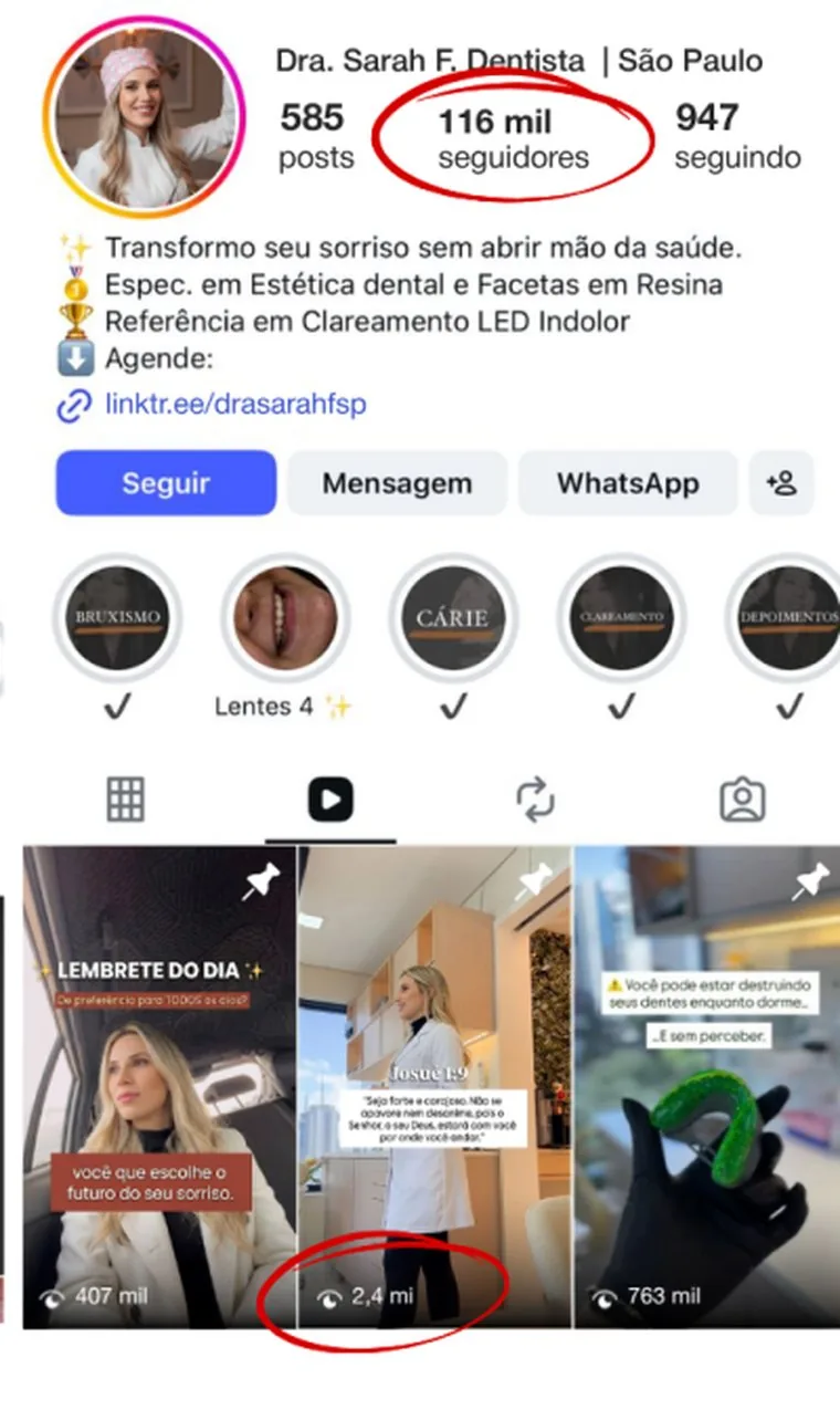 Perfil da Dra. Sarah depois, com 116 mil seguidores