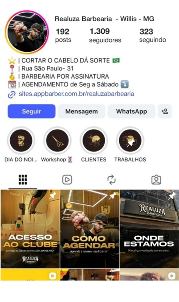 Perfil da barbearia antes, com 1.309 seguidores