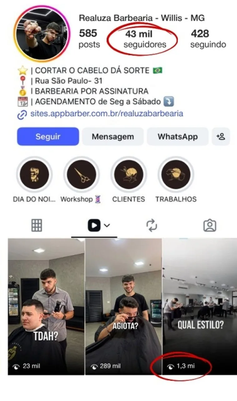 Perfil da barbearia depois, com 43 mil seguidores